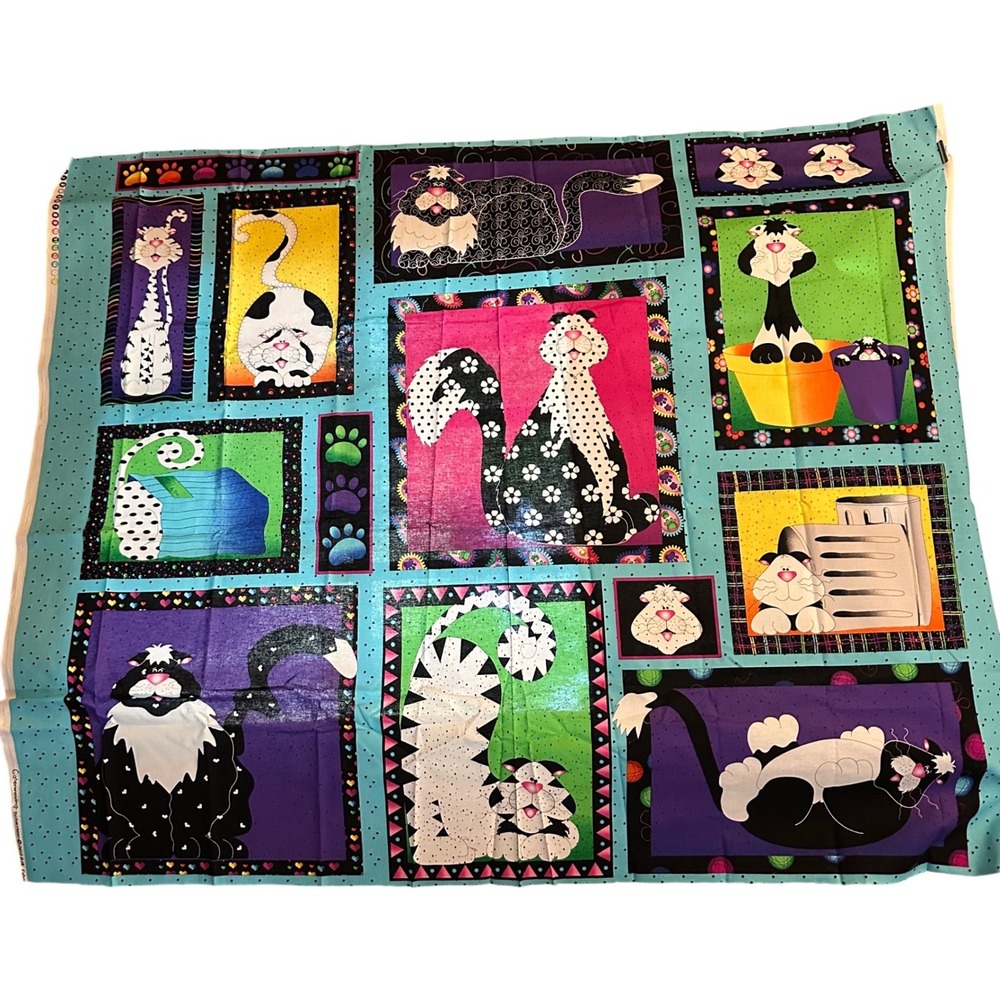 Whimsical Cat-a-log Cotton Quilting Fabric Panel 1 Yard Multi Color Feline Art